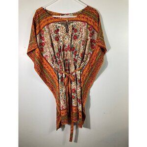 Womens Magazine Silk Kerchief Tie Dress Red Orange Green Cream‎ S